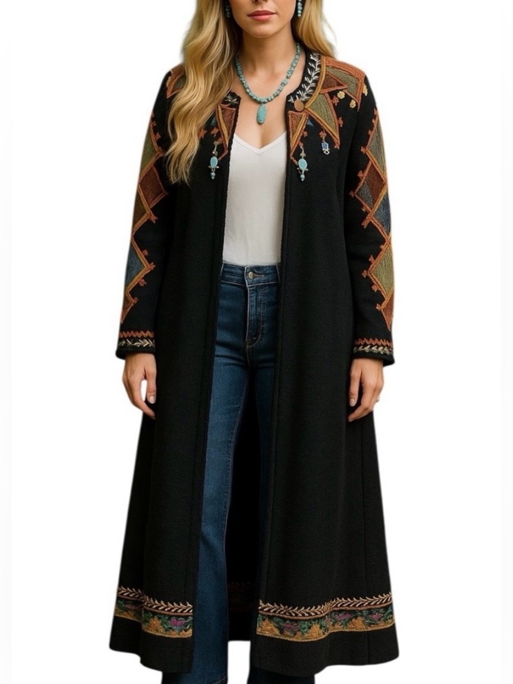 Double D Ranch Black Long Embroidered Cardigan with Multicolor Accents